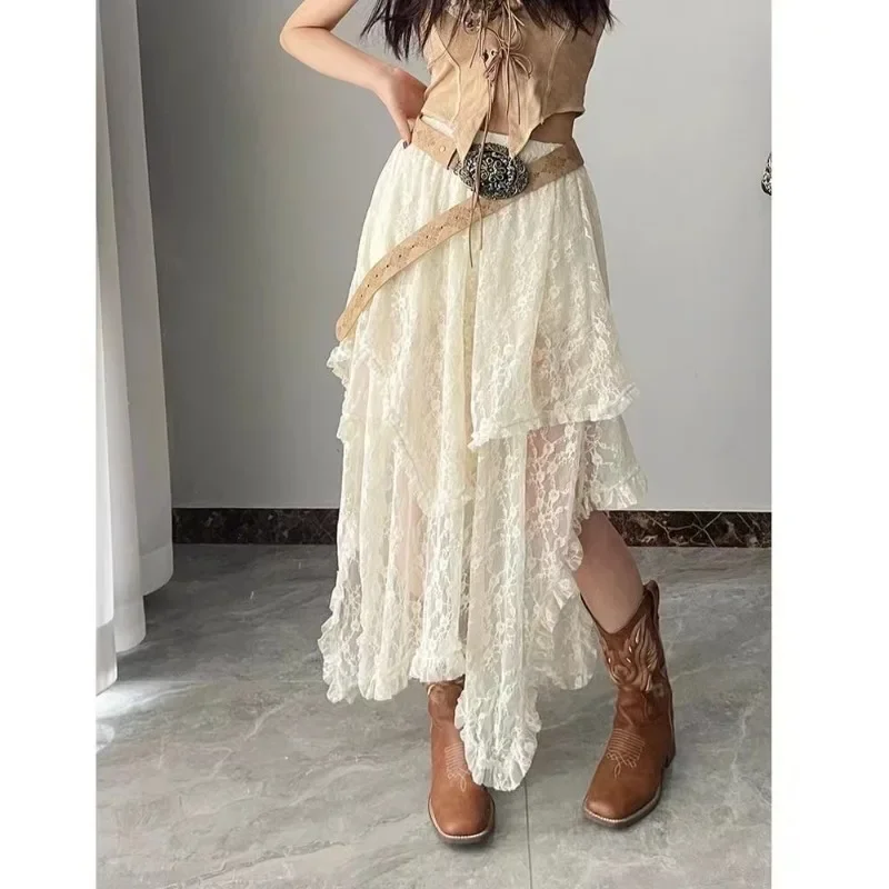 Белая кружевная юбка в стиле Mori нерегулярная Y2K Fairycore весна-лето Prairie Chic