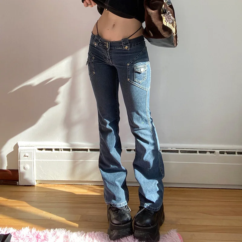 

Y2K Aesthetics Retro Buttons Full Length Blue Denim Pants Women Slim Streetwear 2000s Cute Pockets Trim Low Rise Jeans