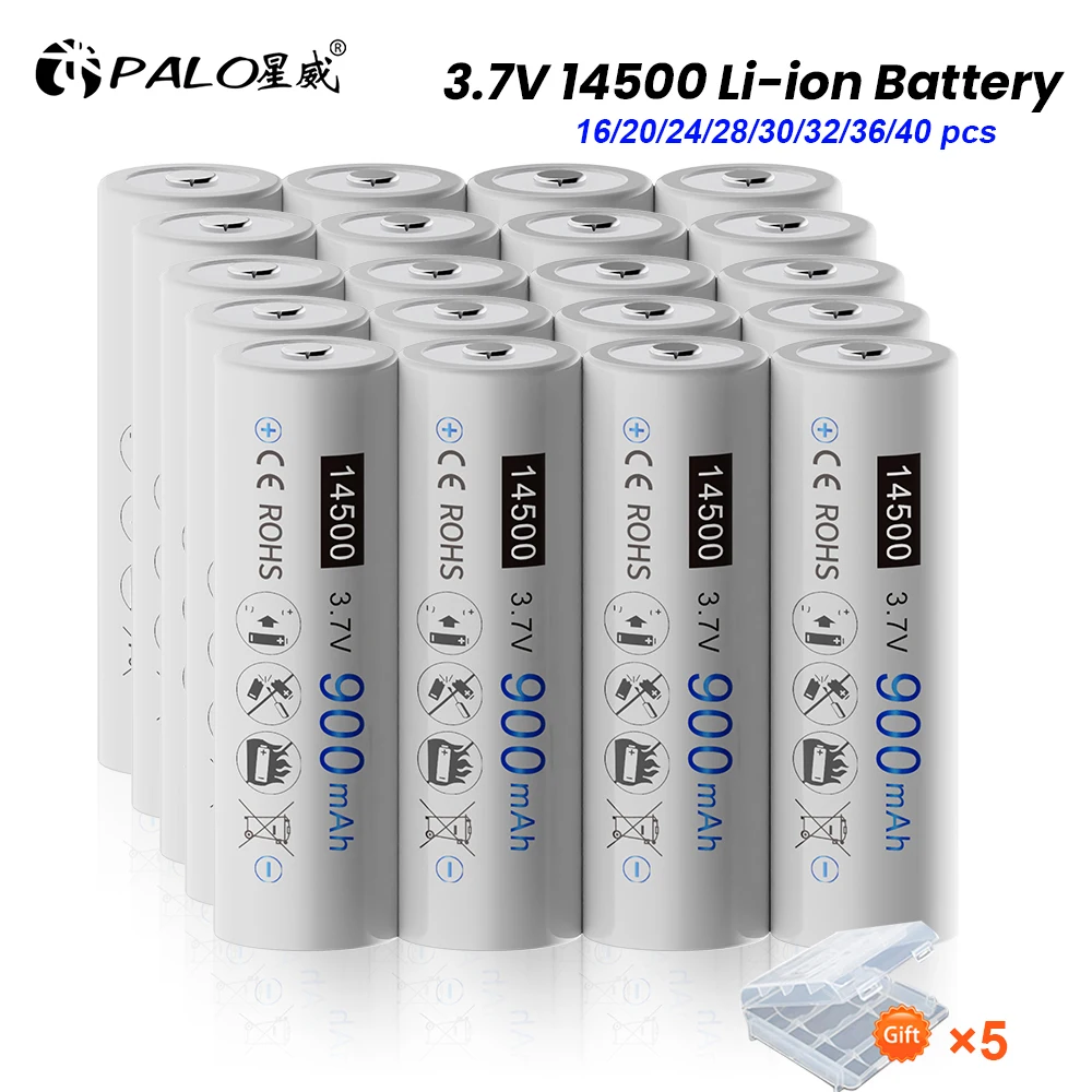 

16-40pcs 14500 900mAh 3.7V Li-ion Rechargeable Batteries AA Battery Lithium Cell for Toy LED Flashlight Remote Control Mouse