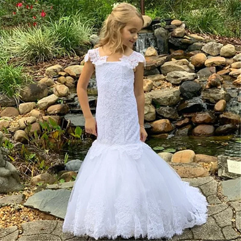 

White Flower Girl Dresses for Wedding Spaghetti Straps Lace Appliqued Mermaid Little Girl's Dresses Party Communion Gown