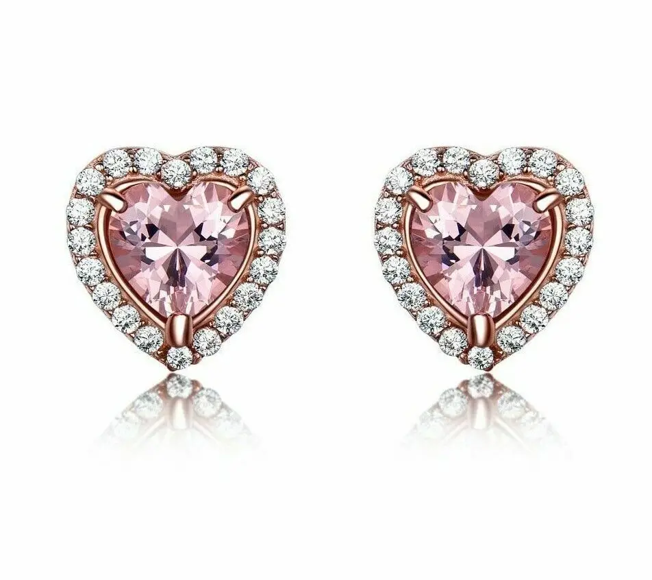 

Stud Earrings Heart Pink Morganite CZ Gemstone 925 Sterling Silver Jewelry Women