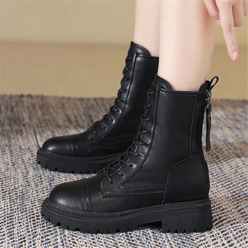 

Genuine Leather Martin Boots Women Autumn New Double Zipper Women's Ankle Boots Platform Thick Heel Motorcycle Boots Women
