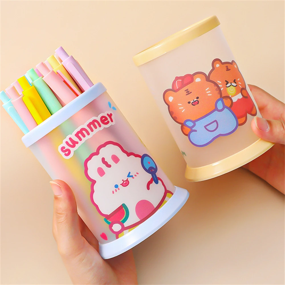 Ins Style Cartoon Animal Pen Holder Creative Round Folding Pencil Barrel Kawaii Stationery Desk Organizer School Office Supplies