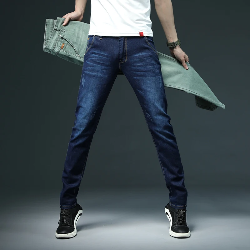 2022 Classic Style Men Brand Jeans Business Casual Stretch Slim Denim Pant Light Blue Trousers Male Comfort Straight Denim Pants