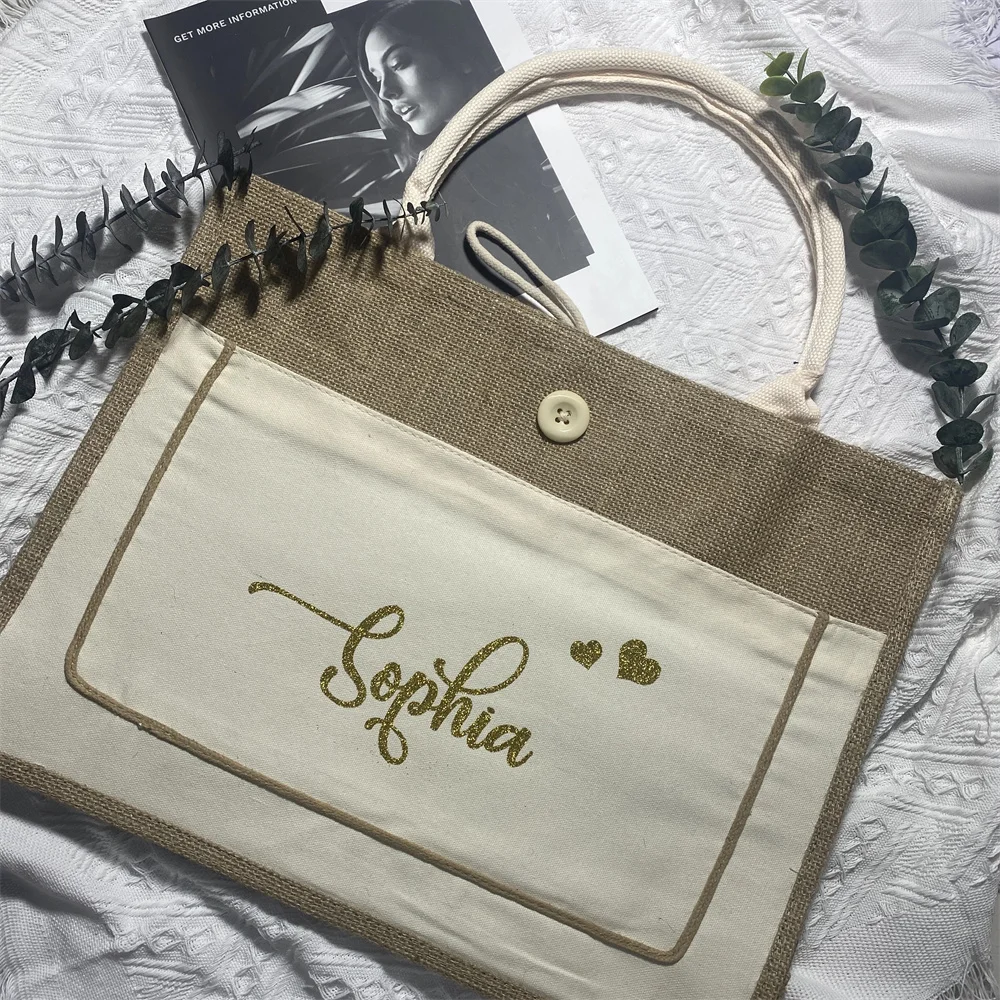 

Personalized Name Shopping Tote Bag with pockets Easter Gift Burlap Bags Wedding Gifts For Bridesmaid Christmas Storage Gift