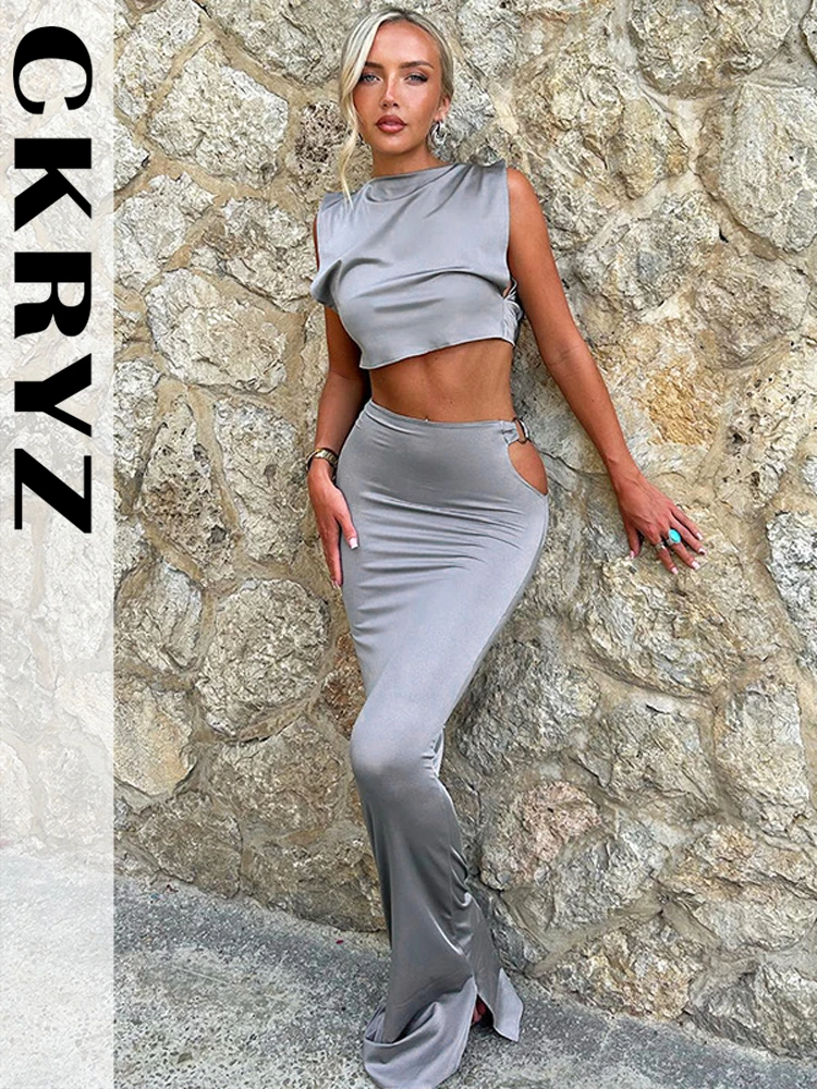 

Ladies Y2K Clothes 2 Pieces Sleeveless Backless Crop Top And Maxi Skirt Matching Set For Women Summer Vacation Club Streetwear