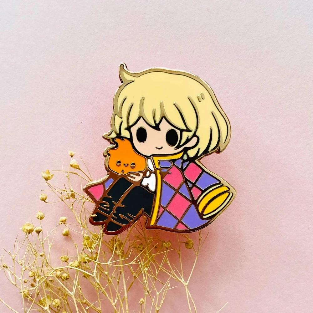 

Cute Magician Howl Hard Enamel Pin Kawaii Magic Boy and Calcifer Metal Brooch Howl's Moving Castles Cartoon Anime Fan Badge Gift