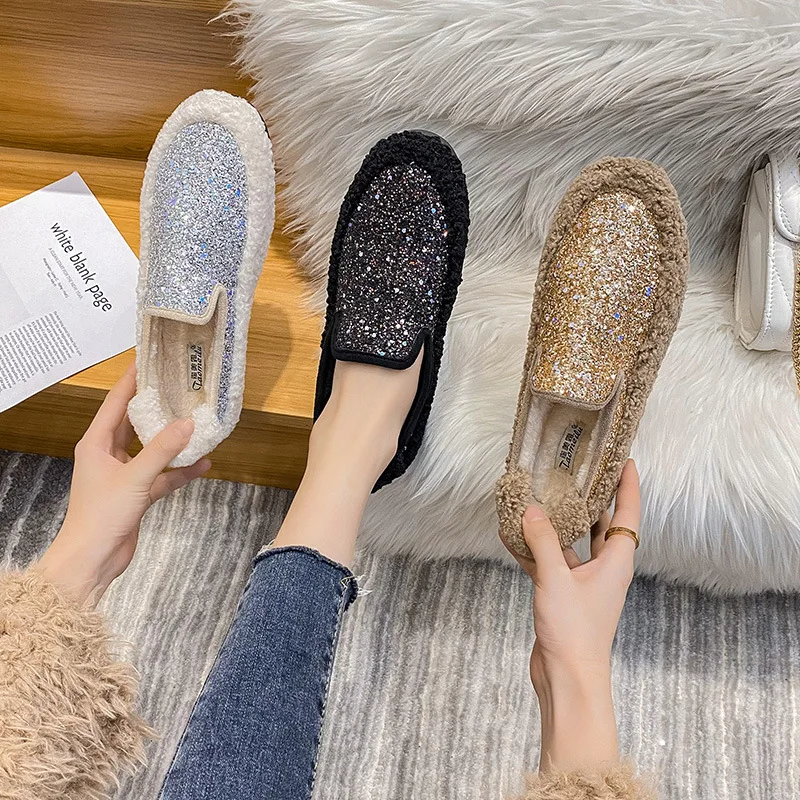 Winter Cotton Shoes Bling Sequins Lambswool Women Loafers Warm Plush Comfy Curly Sheep Fur Flats Mocasines Mujer