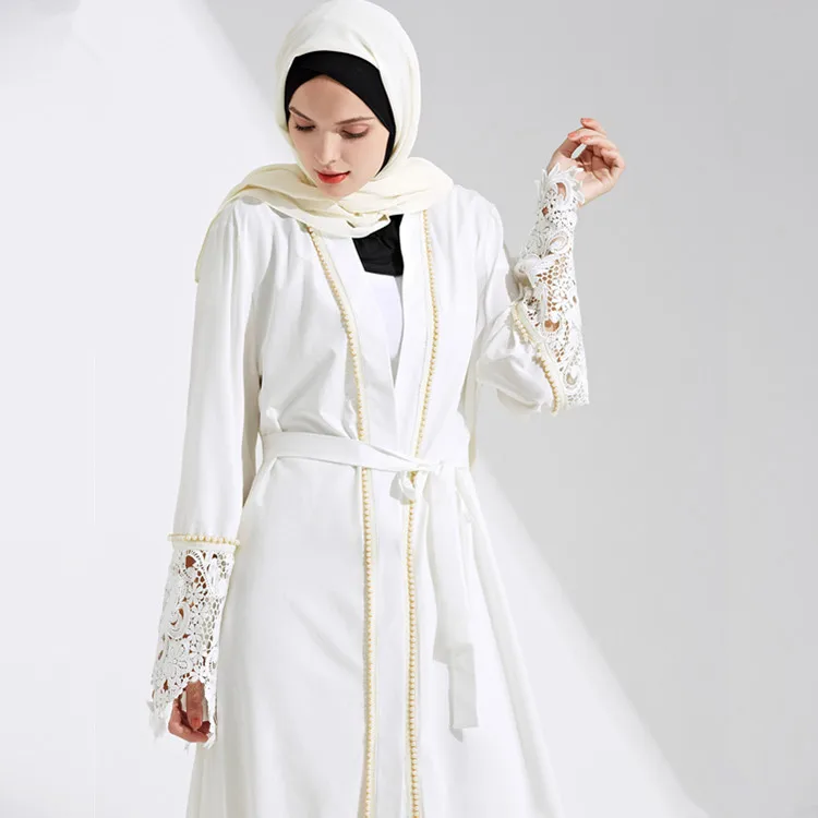 Мусульманский Модный женский белый кружевной жемчужный шитье Дубай кардиган кафтан халат абайя Дубай элегантное турецкое платье европейс...