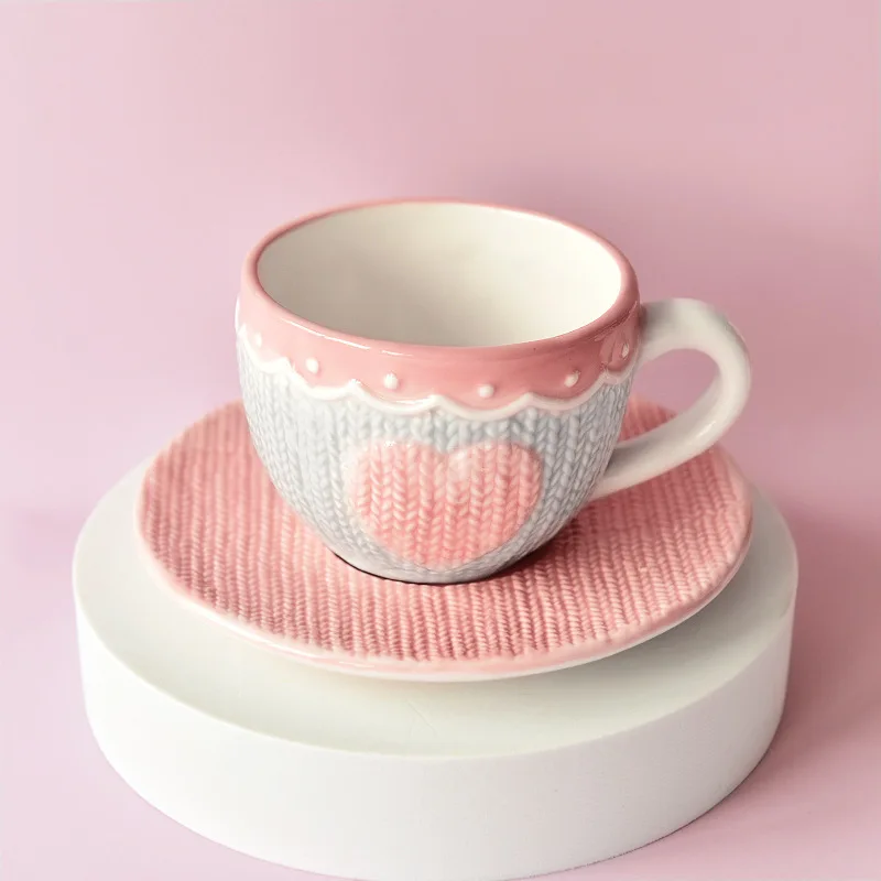 

Cute ceramic coffee cup and saucer set creative girl pink gift European afternoon tea cup love embossed milk cup drink juice cup