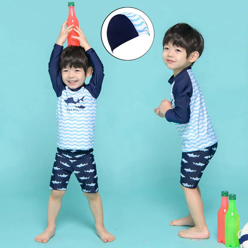 

Children's Swimsuit Boy Student Swimming Trunks Split Sunscreen Teen Kids Plus Size Fat Baby Swimwear Suit 3PCS