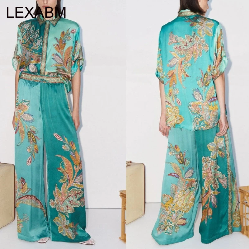 Женские атласные широкие брюки с винтажным принтом блузка коротким рукавом и