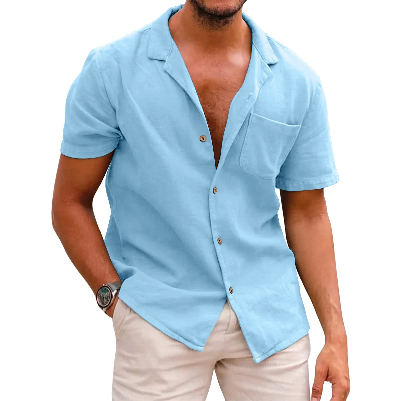 

Lady T Male Hawaii Shirt Blouses Cotton Linen Button Down Top Shirt Tropical Holiday Beach Shirt Button Crotch Large Short