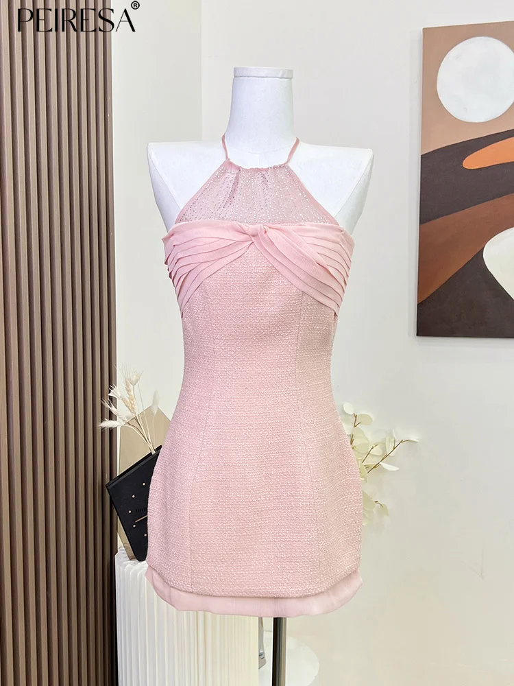 

PEIRESA Rhinestone Halter Mini Dress Women Pleated Bow Sleeveless Slim Waist Sweet Short Dresses Elegant Fashion 2023 New Summer