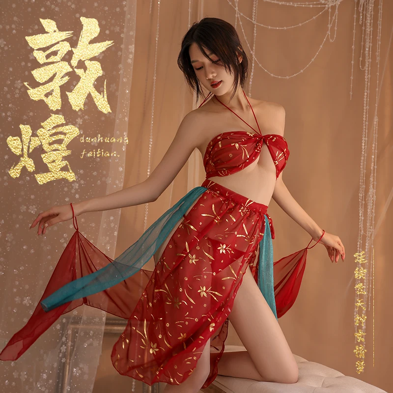 

New Ancient Style Dunhuang Flying Sky Exotic Hanfu Uniform Set Fun Lingerie Sexy Printing Perspective Belly Bag 938