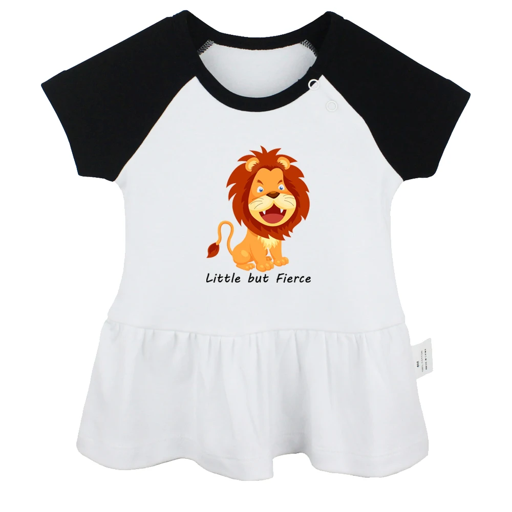 

iDzn Little but Fierce lion Fun Printed Graphic Baby Girls Cute Short Sleeves Pleated Dresses 0-24M Kids Baby Summer Clothing