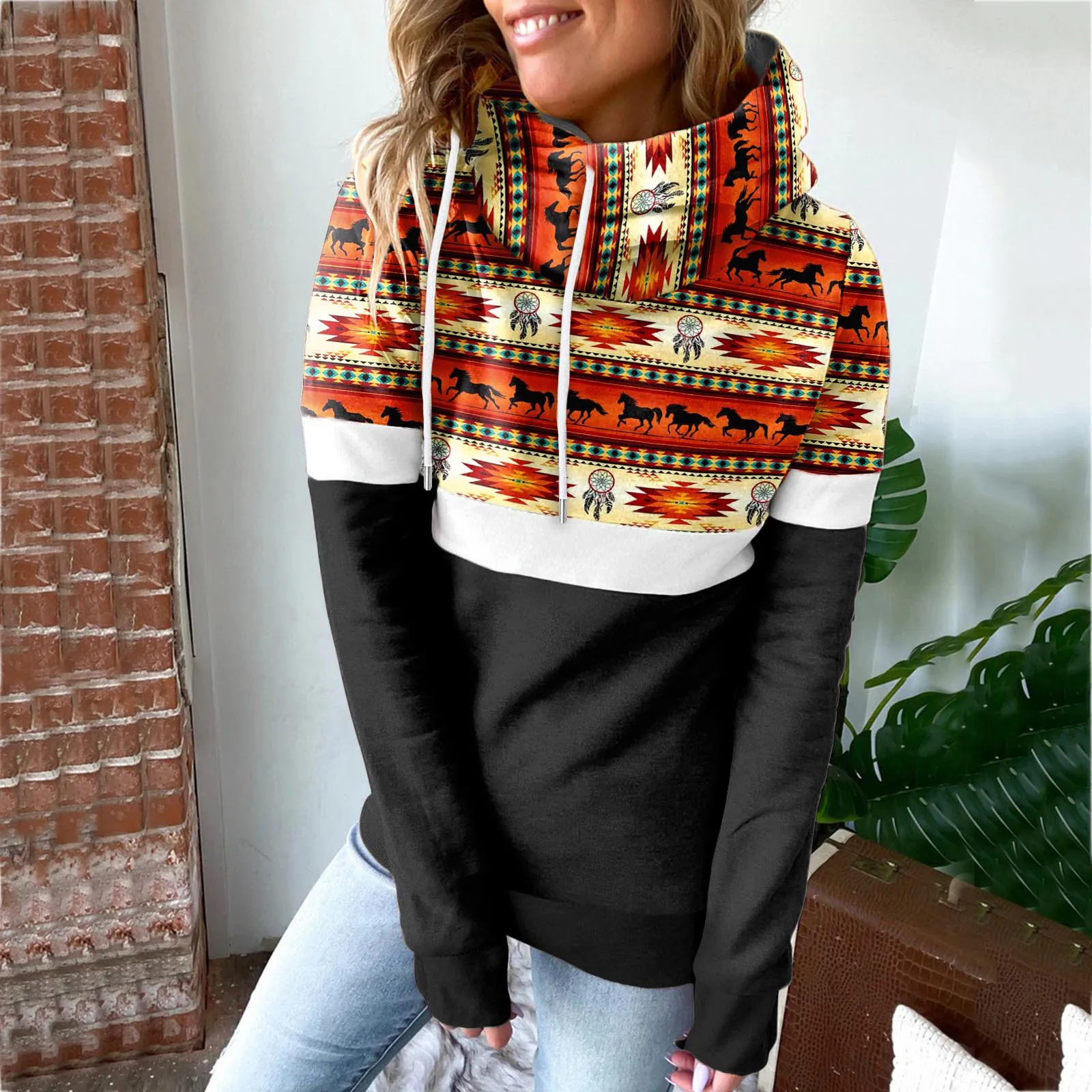 

Women's Top Color Matching Pullover Hoodies Sweatshirt Tribal Fleece Sweater Women Zipper Black Hooded Sweatshirts for Women