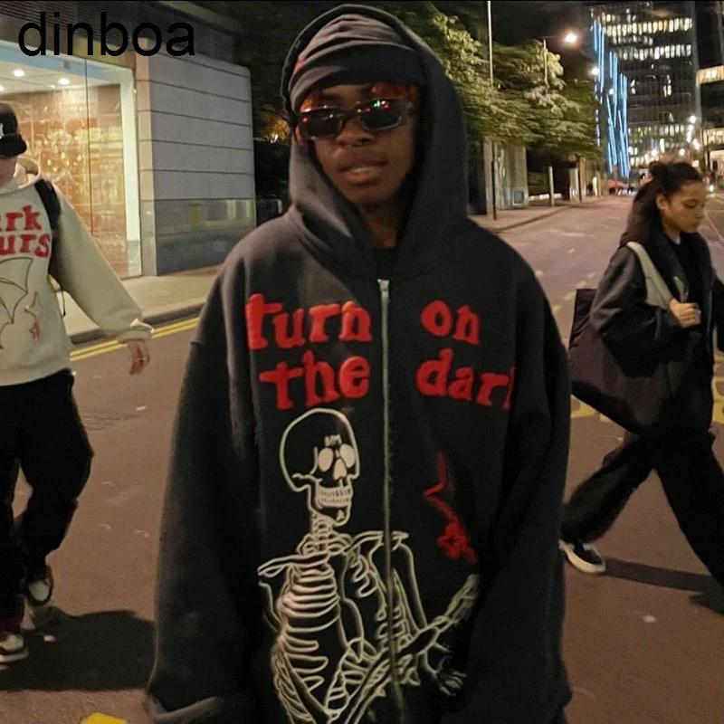 

2022men Hip-hop Hoodie Skeleton Streetwear Long Sleeve Anime Zip Up Sweatshirts Women Letter Oversized Hoodies Harajuku Clothing