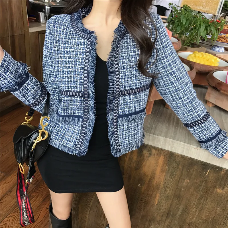 

Long Sleeve Fashion Female Jacket Tassel Spliced Plaid O Neck Korean 2022 Women Tops Coats Jackets Black Clothes Streetwear 608G