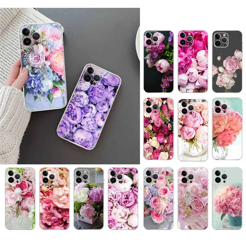

Phone Case For iphone 14 13 12 11 Pro Max XS Max XR X 12mini 14 Plus SE Peony Flower Case Funda Capa Cell