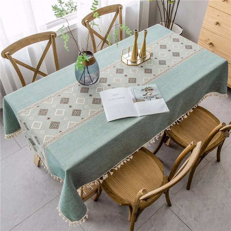 

Cotton Geometric Jacquard Fabric Tablecloth Linen Rectangular Home Decoration Table Cover With Tassel For Banquet birthday party