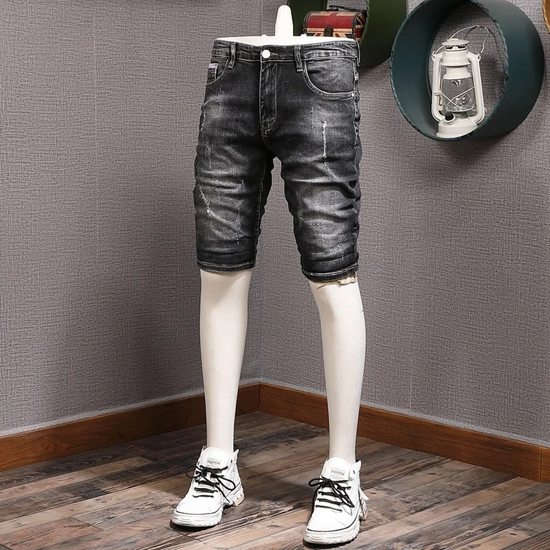 

Denim Shorts Ripped Men Streetwear Black Short Jeans Summer Fashion Casual Stretch Regular Straight Pants