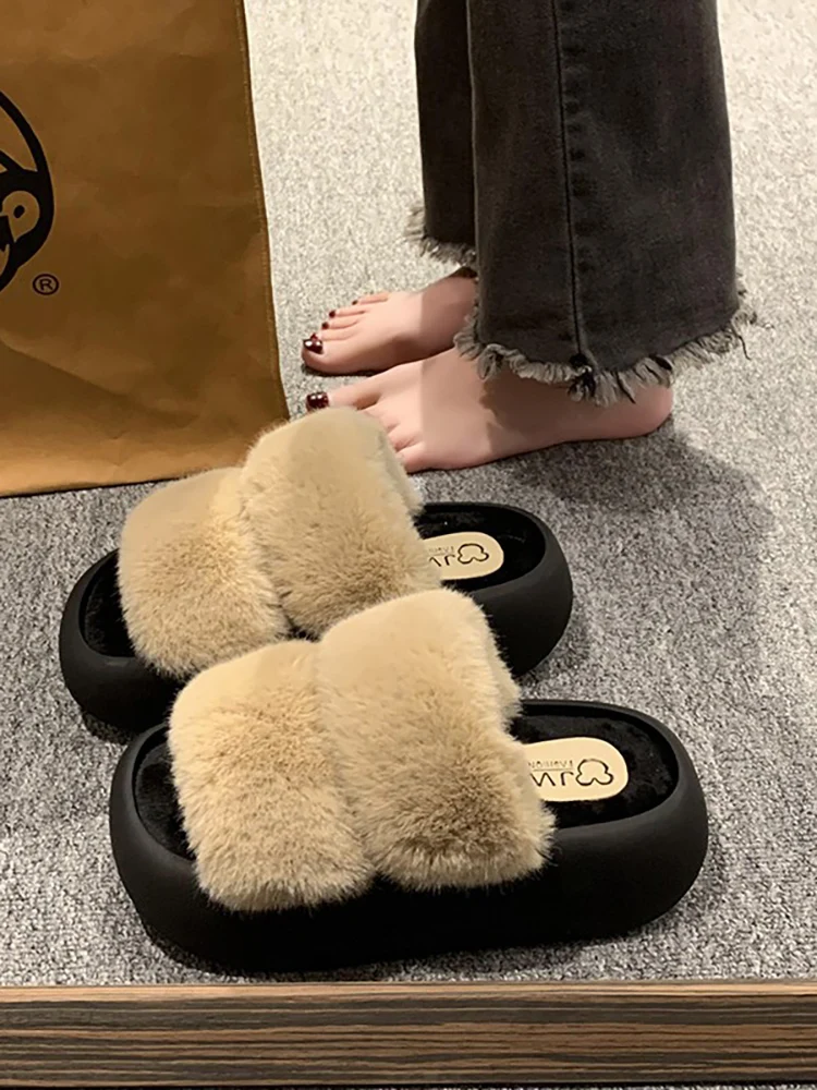 

Med Flat Shoes Female House Slippers Platform Slides Fur Flip Flops Slipers Women Flock Soft Massage Plush 2023 Autumn Rubber Fa