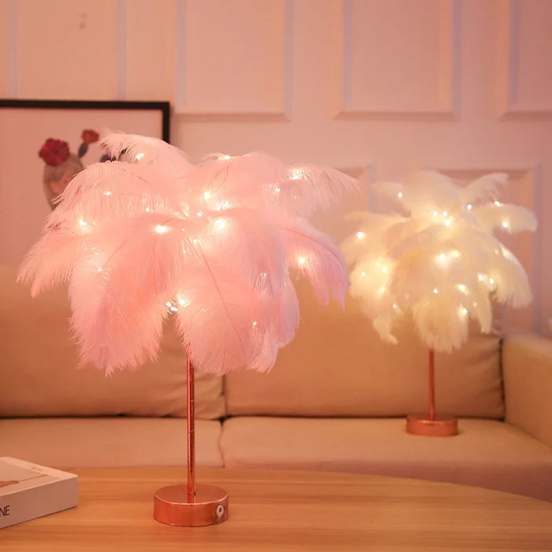 

Remote Control Feather Table Lamp USB/AA Battery Power DIY Creative Warm Light Tree Feather Lampshade Wedding Home Bedroom Decor