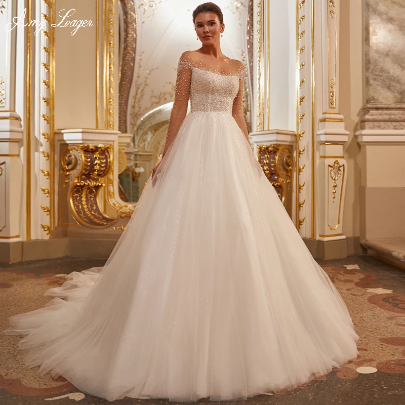 

AmyLvager Romantic Scoop Neck Buttons A-Line Wedding Dress 2023 Luxury Beading Long Sleeve Princess Bridal Gown Vestido De Noiva