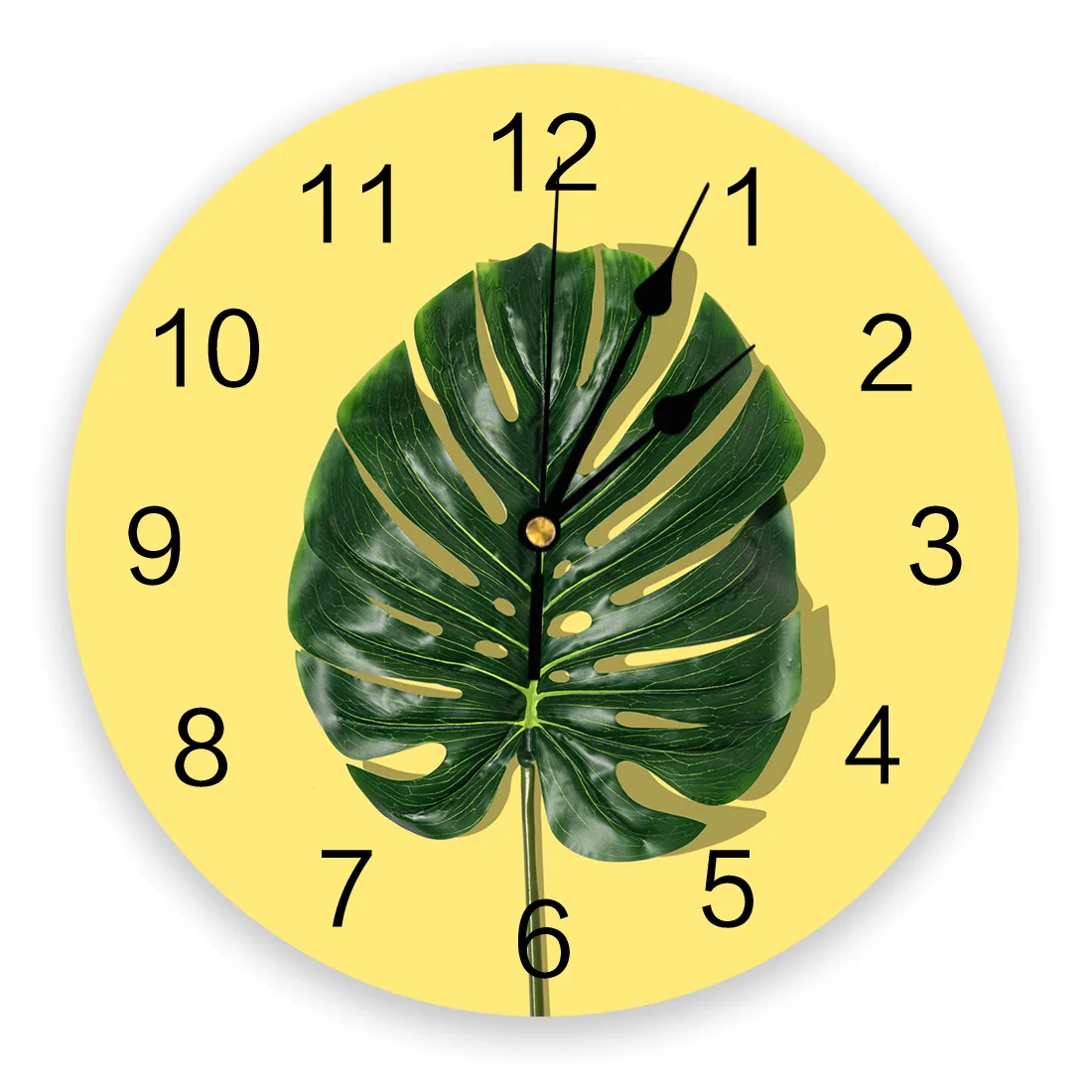 

Yellow Simple Monstera PVC Wall Clocks for Living Room Bedroom Fashion Printed Hanging Watch for Office Cafe Home Silent Clock