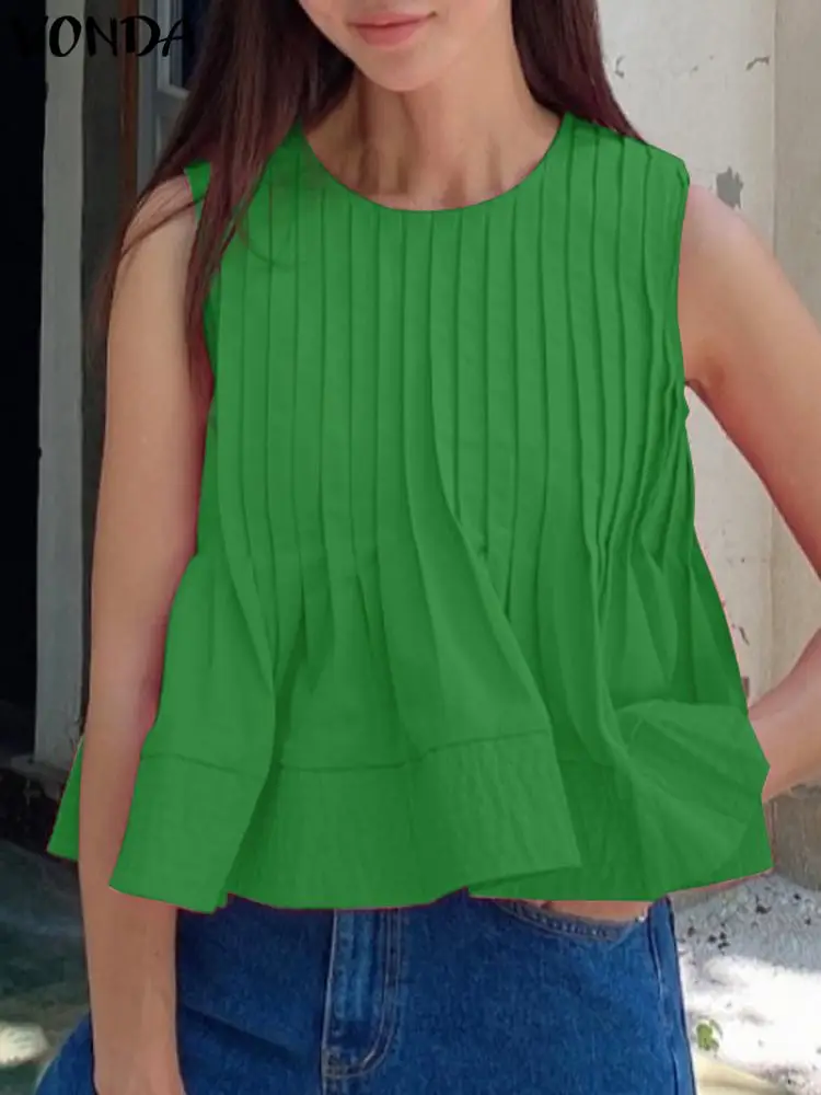 

2023 VONDA Fashion Women Blouse Tops Sexy Sleeveless Casual Summer Solid Color Pleated Shirts Tunic O Neck Loose Blusas Feminina