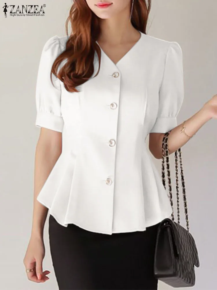 

Коллекция 2023 года, модные топы ZANZEA с оборками на подоле, Женские однотонные Блузы с пышными рукавами, летняя элегантная рубашка, женские офисные винтажные блузки