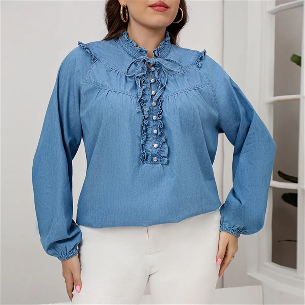 

Женская Джинсовая блузка с длинным рукавом-фонариком, с воротником-стойкой