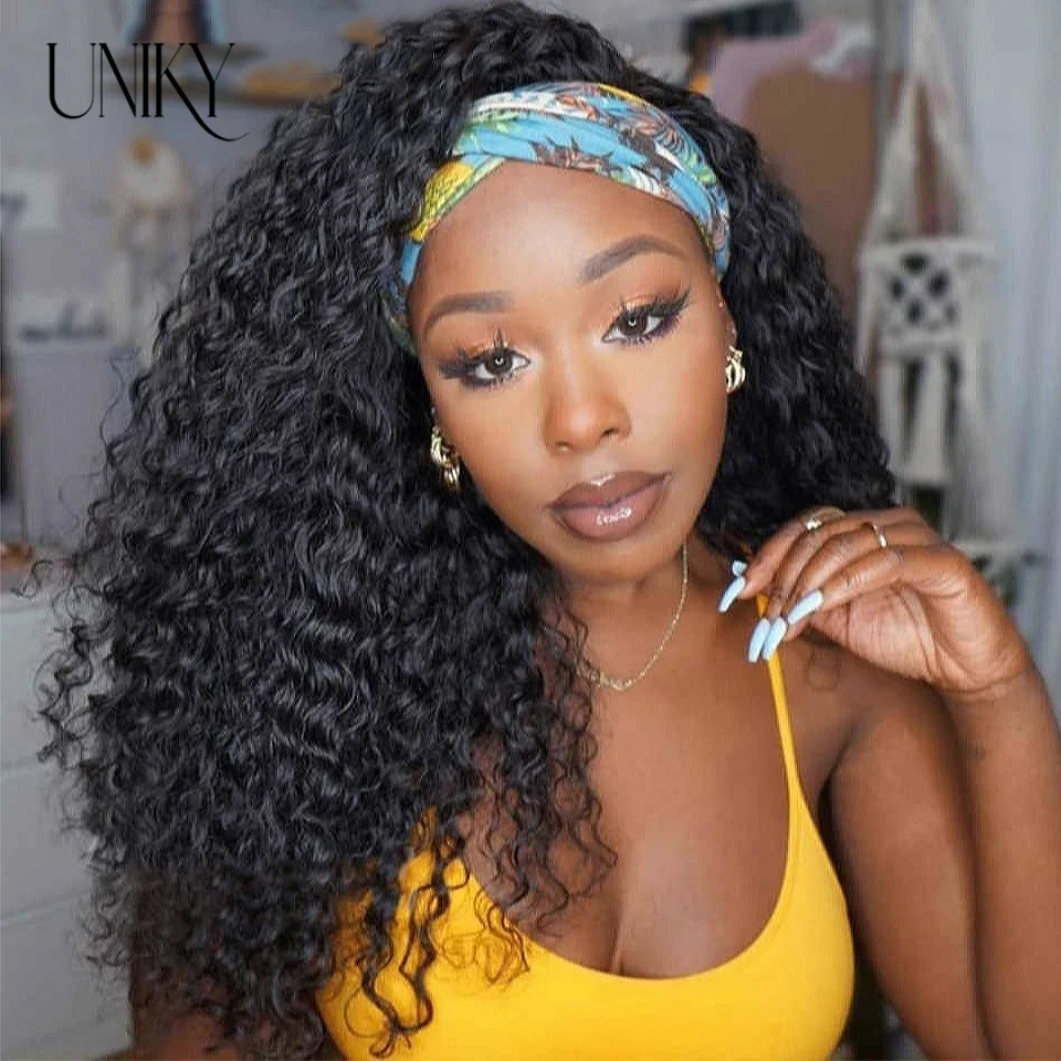 

9A Deep Wave Glueless Human Hair Wigs Indian Headband Wig For Black Women Long Hair 10-26Inch Curly Headband Wig Natural Color