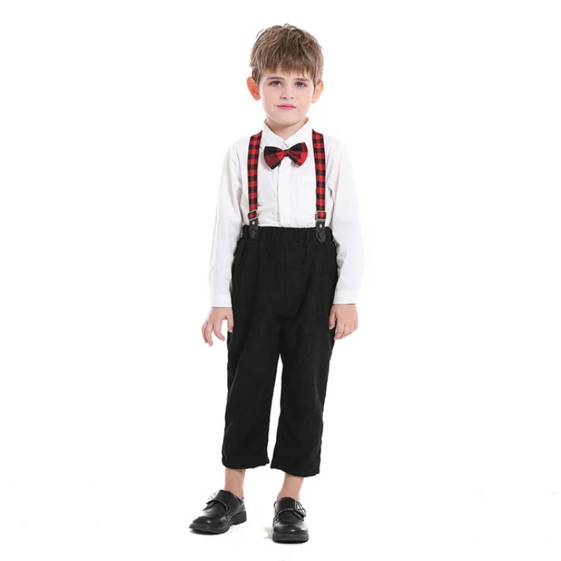 

Осенне-весеннее платье Bobora для малышей, костюм для маленьких мальчиков, платье-бабочка, рубашка + сарафан в клетку, брюки, джентльменские кос...