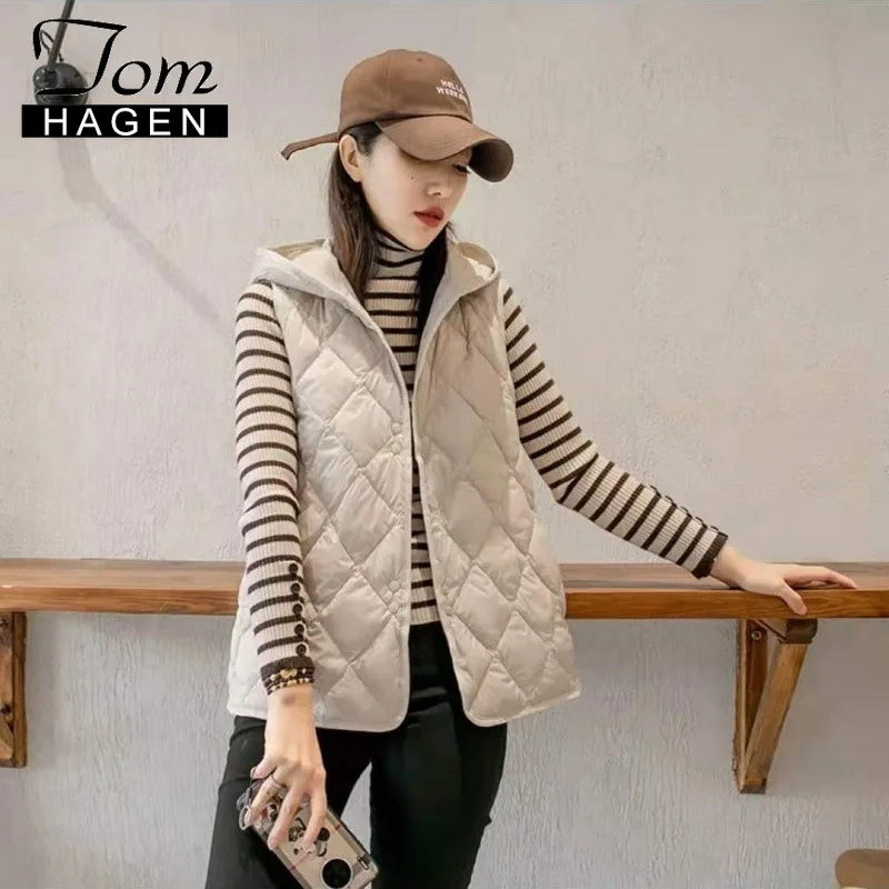 

Весенний женский клетчатый Повседневный белый кардиган, жилет из хлопка без рукавов с капюшоном в Корейском стиле, теплый жилет с карманами...