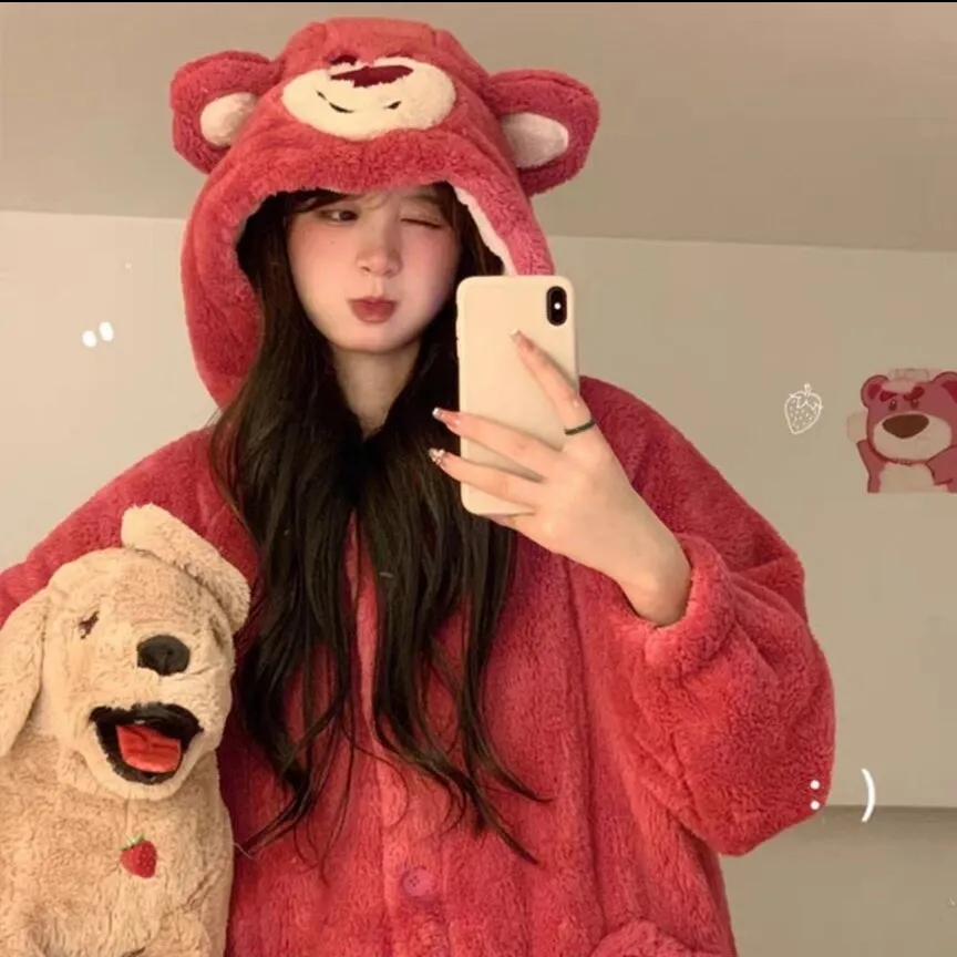 

Disney Lotso ночная рубашка с мультяшным принтом коралловый бархатный женский топ Пижама плюшевый мягкий Халат кавайный кардиган с капюшоном Ночная Рубашка домашняя одежда теплая