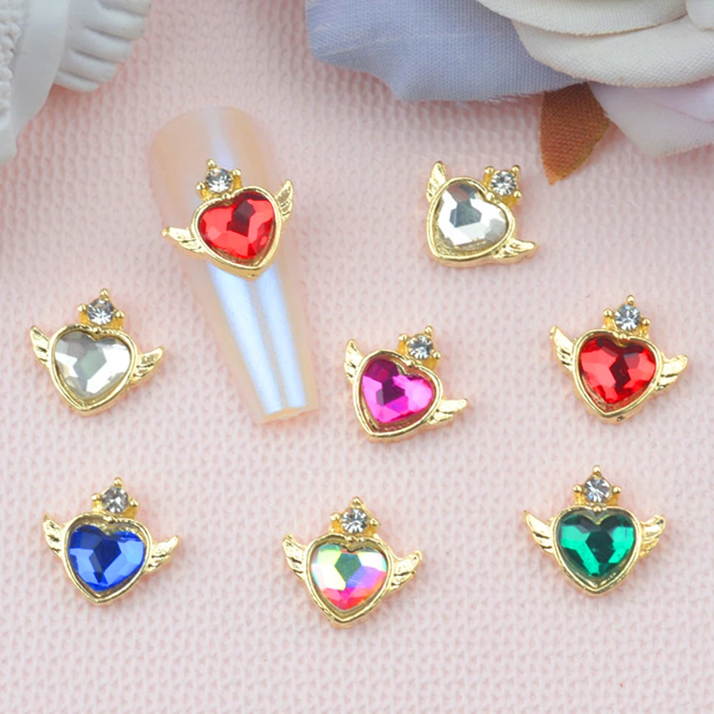 

10pcs Crystal Heart Nail Art Charms Luxury Glitter Rhinestones Wing Heart Nail Decoration Parts 3d Crystal Manicure Accessories