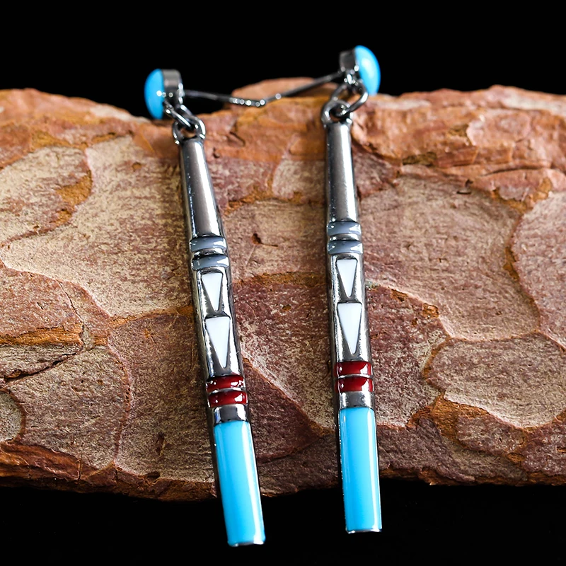 

Vintage Natural Blue Stone Antique Boho Earrings for Women Tribal Jewelry Inlaid Maroon Beads Long Bar Vertical Earrings Brinco