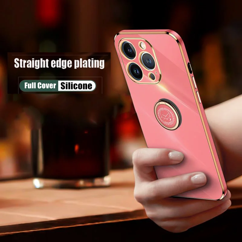 

Upgrade Straight Edge Plating Case for iPhone 13 Pro Max 11 12 Pro XS Max Mini X XR 6 6S 7 8 Plus SE 2020 Ring Stand Soft Cover
