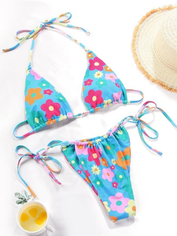 

Women's Two-piece Floral Swimsuit Hot Swimsuits Outfit Low Waist Sexy Rave Outfits Bandage Bikinis Sets Push-up Bras Beachwear