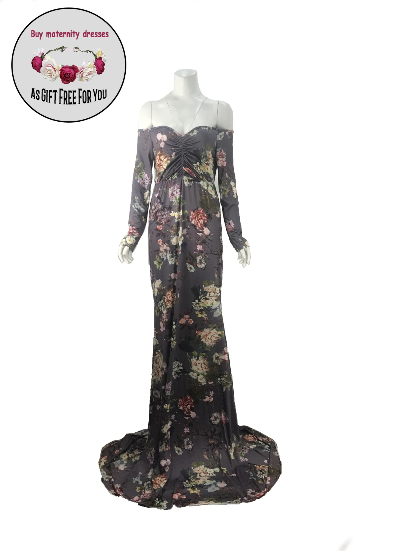

New Mother Off The Shoulder Photography Pregant Dress Print Maxi Long Sleeve Long Mermaid Maternity Dress