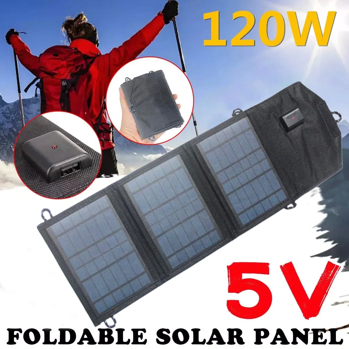 

80W/120W Portable Solar Folding Charging Pack Solar Charger Outdoor Camping Mobile Phone Power Bank 5V USB Emergency Charger
