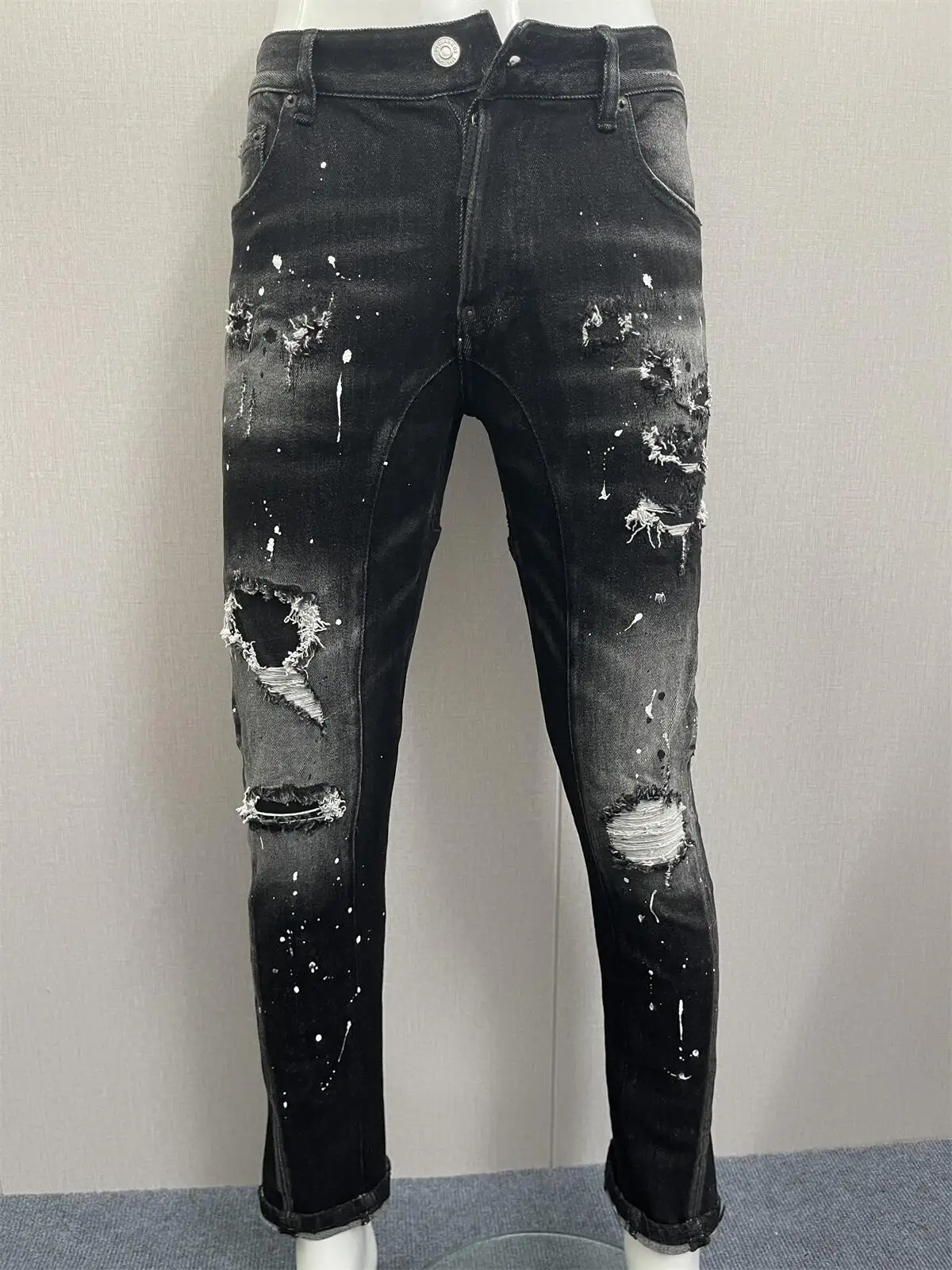 

New D2 jeans, long pants, men's slim fit, small feet, black gray, washed with micro elastic and hole patches, trendy casual dail