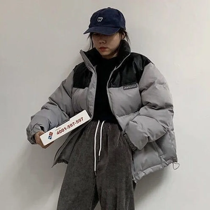 2022 New Zipper Jacket Korean Fashion Color Matching Jacket Winter Women's Warmth and Thick Stand-up Collar Loose Parker Clothes