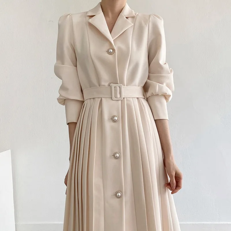 

Long Sleeve Vintage Woman Dress Party Notched Collar Solid Spring Luxury Elegant Autumn High Waist A-Line 2022 Dresses for Women