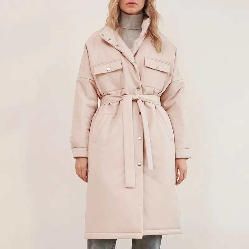 Spring Single Breasted Parkas Women Fashion Stand Collar Coat Women Solid Tie Belt Simple Cotton Jackets Female Ladies