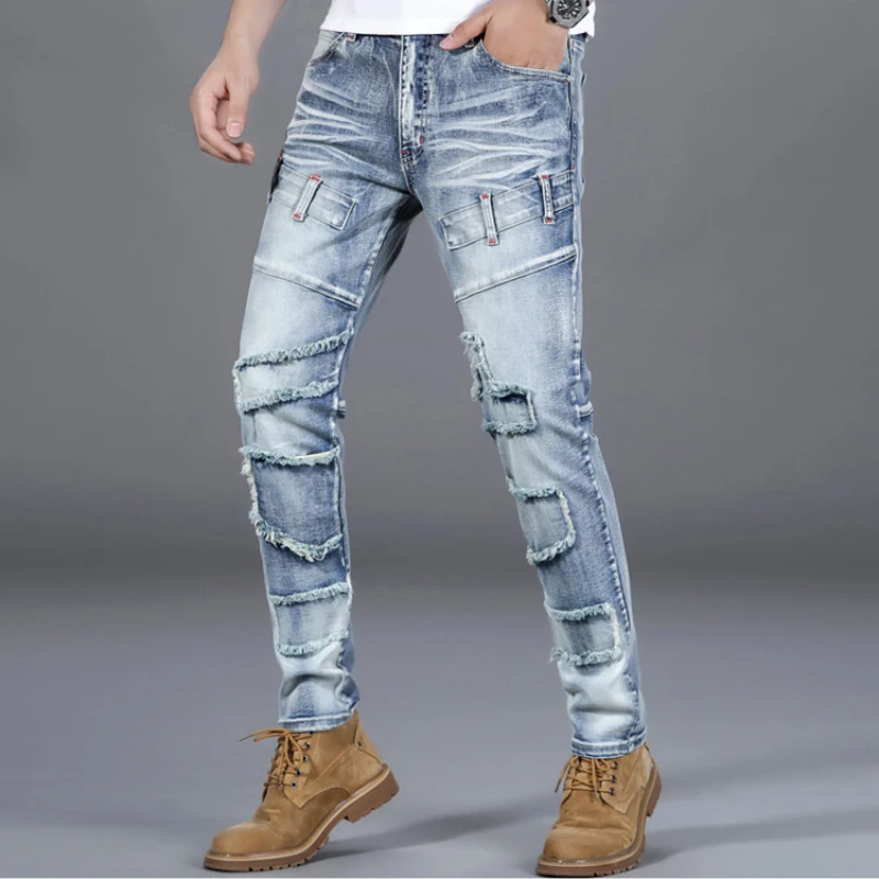 Джинсы мужские зауженные стрейчевые винтажные брюки-карандаш из денима со
