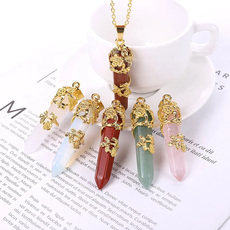 

Natural Agate Quartz Prism Stone Rose Single Pointed Hexagonal Column Repair Crystal Pendant Necklace Jewelry Gold