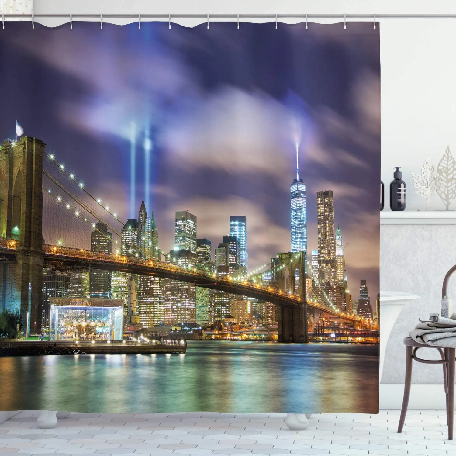 

Landscape Shower Curtain, Manhattan Skyline with Brooklyn Bridge and Towers in NYC United States America, Cloth Fabric